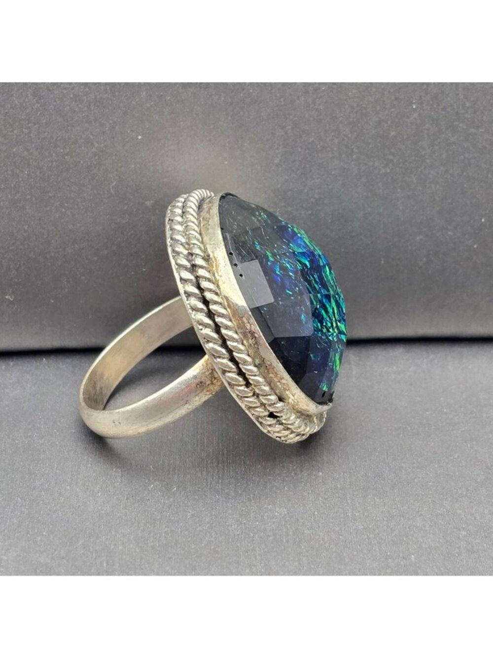 Vintage Sterling Silver Plated Dichroic Glass Ring Size 9.5 Bezel Rope Edge - Picture 6 of 13